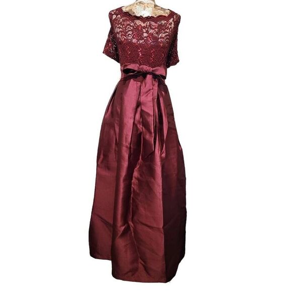 Candalite Formal Burgundy Sheer Lace Sequin Satin Skirt Long Gown Maxi Dress - Picture 6 of 10
